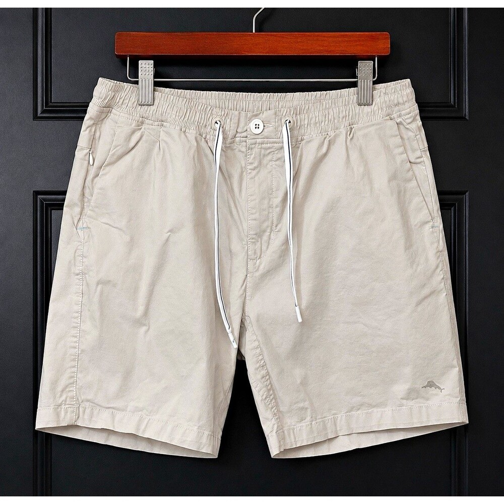 Tommy Bahama Men’s Beige Chino Stretch Shorts 8in Flat Front Elastic Pockets